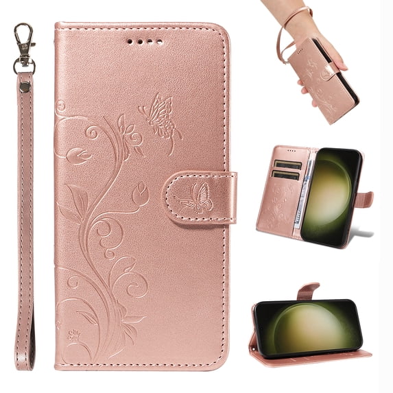 Case Wallet for Samsung Galaxy S20 with Card Slots, Embossed Pattern PU Leather Phone Case with Flip Kickstand Detachable Wrist Strap Magnetic Closure Case for Samsung Galaxy S20, Rosegold
