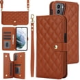 thumbnail image 1 of Case Wallet for Samsung Galaxy S21 FE, [Wristlet & Crossbody Strap] RFID Blocking 5 Card Slots Stand [Shockproof TPU Shell] PU Leather Magnetic Flip Cover Compatible with S21 FE, Brown, 1 of 9