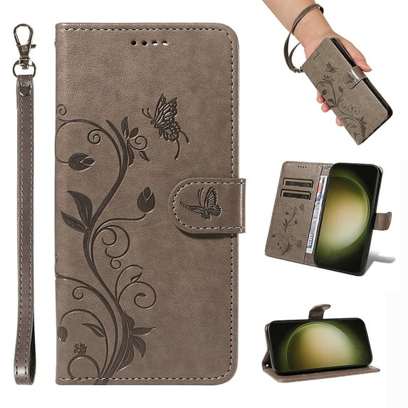 Case Wallet for Samsung Galaxy S21 Plus with Card Slots, Embossed Pattern PU Leather Phone Case with Flip Kickstand Detachable Wrist Strap Magnetic Closure Case for Samsung Galaxy S21 Plus, Grey