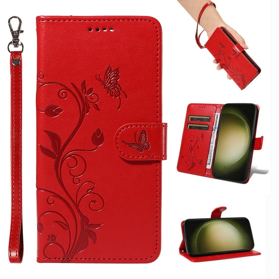 Case Wallet for Samsung Galaxy S21 Plus with Card Slots, Embossed Pattern PU Leather Phone Case with Flip Kickstand Detachable Wrist Strap Magnetic Closure Case for Samsung Galaxy S21 Plus, Red