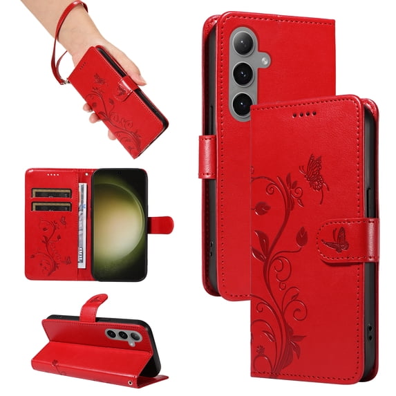 Case Wallet for Samsung Galaxy S22 with Card Slots, Embossed Pattern PU Leather Phone Case with Flip Kickstand Detachable Wrist Strap Magnetic Closure Case for Samsung Galaxy S22, Red