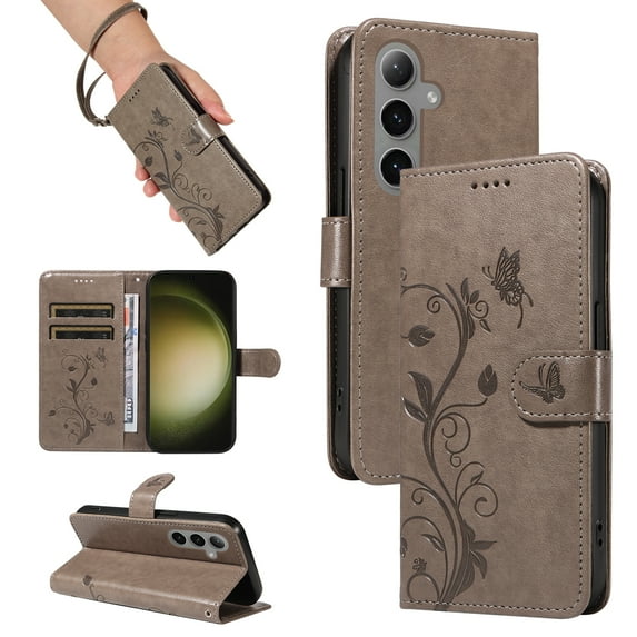 Case Wallet for Samsung Galaxy S22 Plus with Card Slots, Embossed Pattern PU Leather Phone Case with Flip Kickstand Detachable Wrist Strap Magnetic Closure Case for Samsung Galaxy S22 Plus, Grey