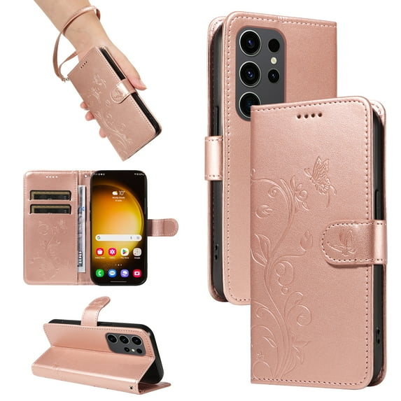 Case Wallet for Samsung Galaxy S22 Ultra with Card Slots, Embossed Pattern PU Leather Phone Case with Flip Kickstand Detachable Wrist Strap Magnetic Closure Case for Samsung Galaxy S22 Ultra, Rosegold