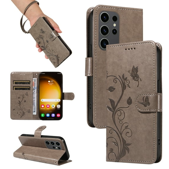 Case Wallet for Samsung Galaxy S23 Ultra with Card Slots, Embossed Pattern PU Leather Phone Case with Flip Kickstand Detachable Wrist Strap Magnetic Closure Case for Samsung Galaxy S23 Ultra, Grey