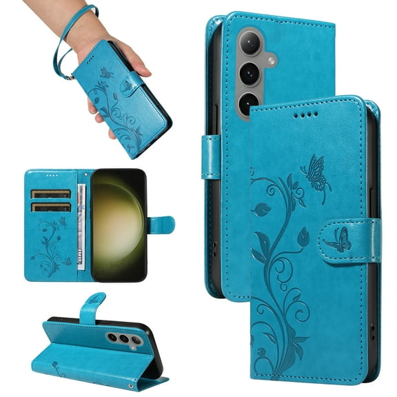 Case Wallet for Samsung Galaxy S24 with Card Slots, Embossed Pattern PU Leather Phone Case with Flip Kickstand Detachable Wrist Strap Magnetic Closure Case for Samsung Galaxy S24, Blue