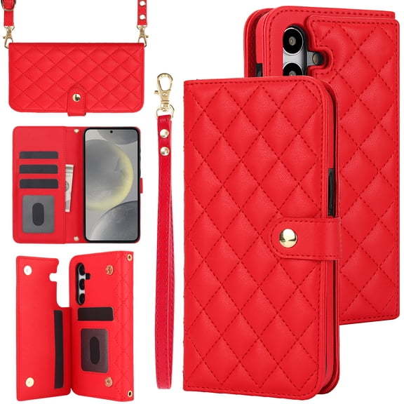 Case Wallet for Samsung Galaxy S24 Plus, [Wristlet & Crossbody Strap] RFID Blocking 5 Card Slots Stand [Shockproof TPU Shell] PU Leather Magnetic Flip Cover Compatible with S24 Plus, Red