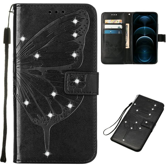 Case Wallet for Samsung Galaxy S24 Ultra with Wrist Hand Strap, Rhinestone Design Butterfly Flower Pattern Purse Case with Card Holder Kickstand, PU Leather Magnetic Clasp Shockproof Cover, Black