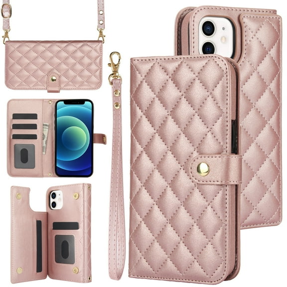 Case Wallet for iPhone 11, [Wristlet & Crossbody Strap] RFID Blocking 5 Card Slots Stand [Shockproof TPU Shell] PU Leather Magnetic Flip Cover Compatible with iPhone 11, Rosegold