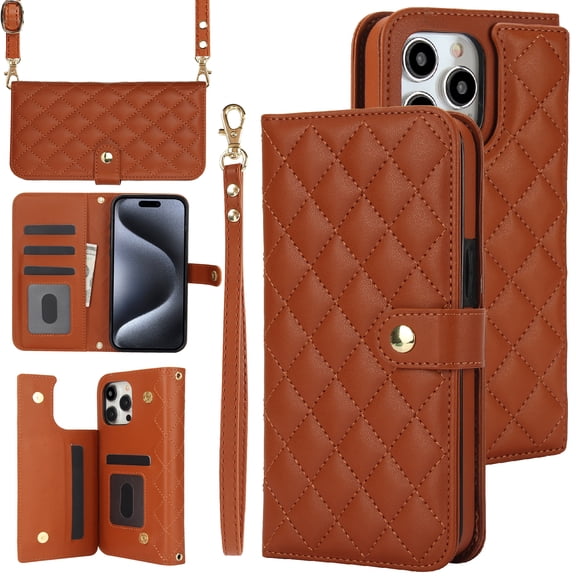 Case Wallet for iPhone 13 Pro Max, [Wristlet & Crossbody Strap] RFID Blocking 5 Card Slots Stand [Shockproof TPU Shell] PU Leather Magnetic Flip Cover Compatible with iPhone 13 Pro Max, Brown