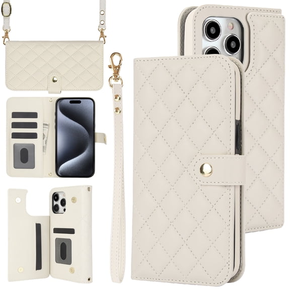 Case Wallet for iPhone 14 Pro, [Wristlet & Crossbody Strap] RFID Blocking 5 Card Slots Stand [Shockproof TPU Shell] PU Leather Magnetic Flip Cover Compatible with iPhone 14 Pro, White
