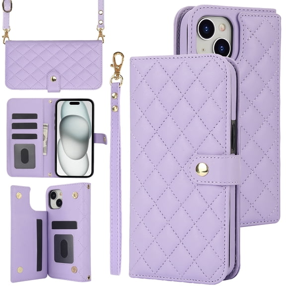Case Wallet for iPhone 14, [Wristlet & Crossbody Strap] RFID Blocking 5 Card Slots Stand [Shockproof TPU Shell] PU Leather Magnetic Flip Cover Compatible with iPhone 14, Purple