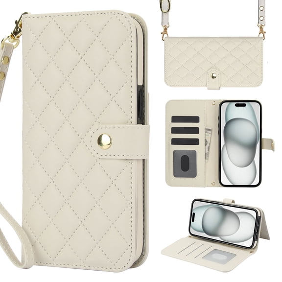 Case Wallet for iPhone 16 Plus, [Wristlet & Crossbody Strap] RFID Blocking 5 Card Slots Stand [Shockproof TPU Shell] PU Leather Magnetic Flip Cover Compatible with iPhone 16 Plus, White