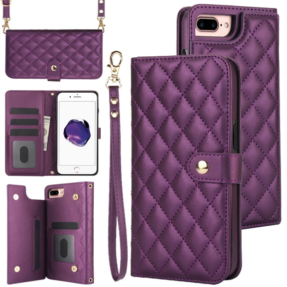 Case Wallet for iPhone 7 Plus/8 Plus, [Wristlet & Crossbody Strap] RFID Blocking 5 Card Slots Stand [Shockproof TPU Shell] Leather Magnetic Flip Cover Compatible with iPhone 7 Plus/8 Plus, Darkpurple