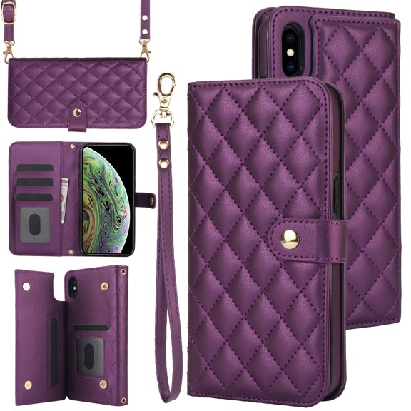 Case Wallet for iPhone X/XS, [Wristlet & Crossbody Strap] RFID Blocking 5 Card Slots Stand [Shockproof TPU Shell] PU Leather Magnetic Flip Cover Compatible with iPhone X/XS, Darkpurple