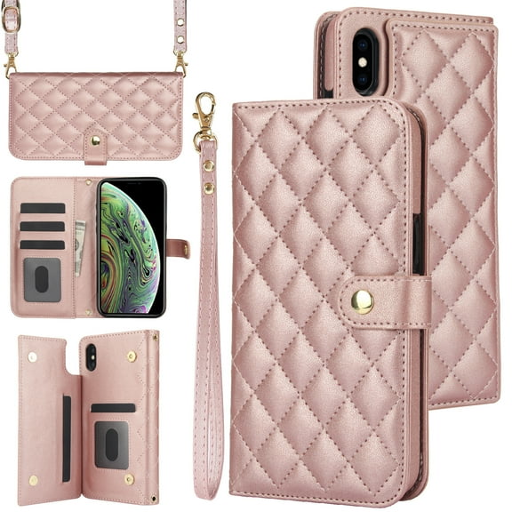 Case Wallet for iPhone XR, [Wristlet & Crossbody Strap] RFID Blocking 5 Card Slots Stand [Shockproof TPU Shell] PU Leather Magnetic Flip Cover Compatible with iPhone XR, Rosegold