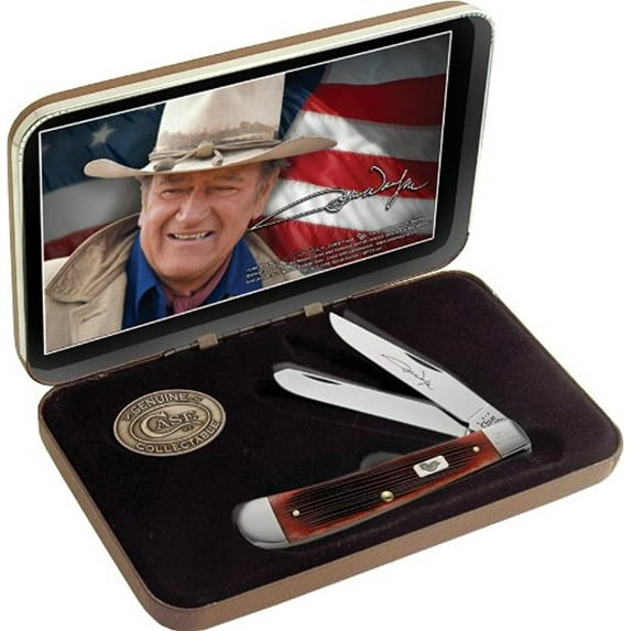 Case XX Knives John Wayne Commemorative Barnboard Jigged Dark Red Bone Trapper Pocket Knife