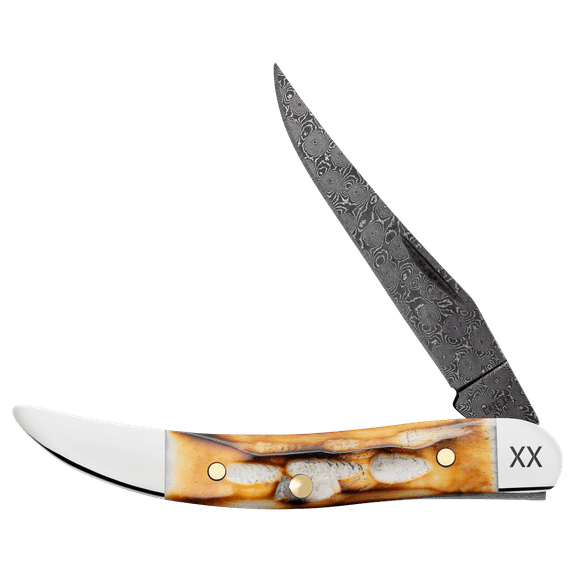 Case XX Knives Texas Toothpick Burnt Natural Bone Damascus Pocket Knife