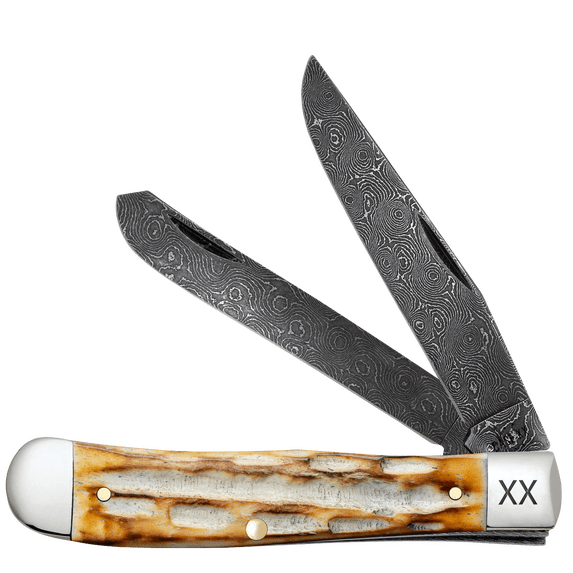 Case XX Knives Trapper Jigged Burnt Natural Bone Damascus Pocket Knife