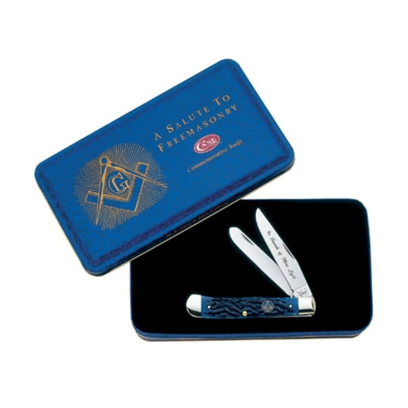 Case Masonic Trapper Pocket Knife 2.7" Clip Point Stainless Steel Polished Blade Jigged Bone Handle Blue