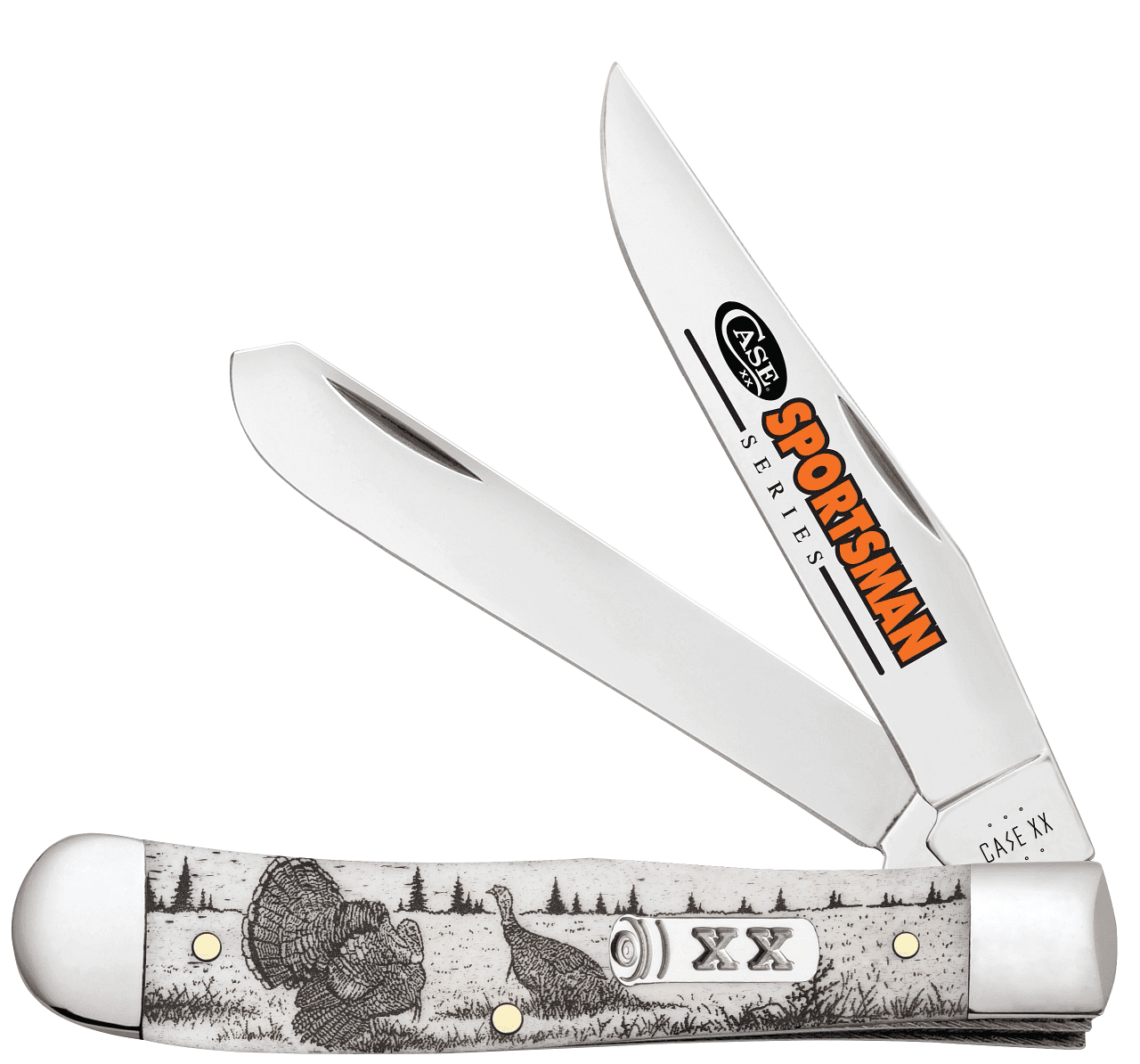 Case Trapper Sportsman Folding Knife, 3.24in/3.27in, Tru-Sharp Surgical Steel, Clip Point/Spey Blade, Turkey Embellished Natural Bone Handle