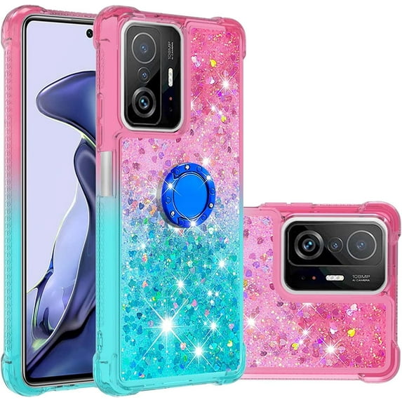 Case for Xiaomi 11T with Magnetic Ring Kickstand, Gradient Quicksand Glitter Flowing Liquid Floating Women Girls Cute Phone Case Clear TPU Cover for Xiaomi 11T Pro JB Powder Blue