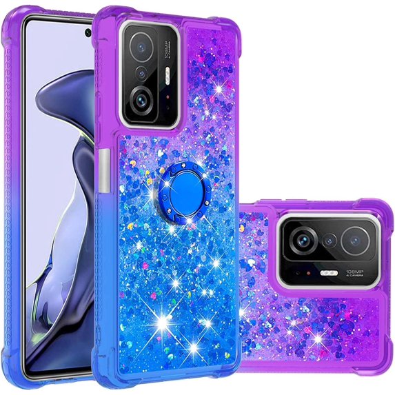 Case for Xiaomi 11T with Magnetic Ring Kickstand, Gradient Quicksand Glitter Flowing Liquid Floating Women Girls Cute Phone Case Clear TPU Cover for Xiaomi 11T Pro JB Purple Navy