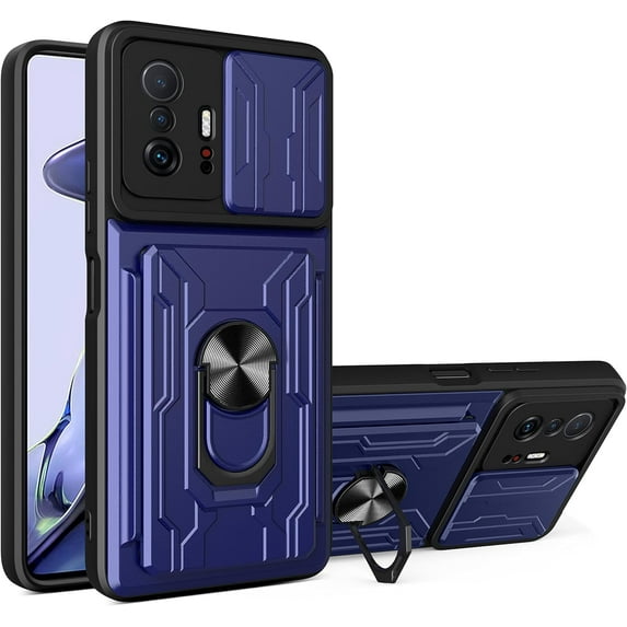 Case for Xiaomi 11T Pro with Card Holder, Heavy Duty Protection Phone Case with Magnetic Ring Kickstand Slide Camera Cover for Mi 11T/11T Pro LJK Blue