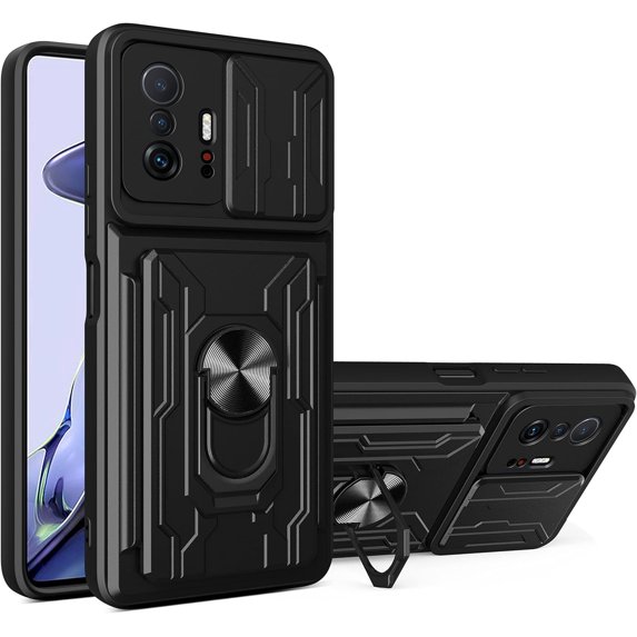 Case for Xiaomi 11T Pro with Card Holder, Heavy Duty Protection Phone Case with Magnetic Ring Kickstand Slide Camera Cover for Mi 11T/11T Pro LJK Black