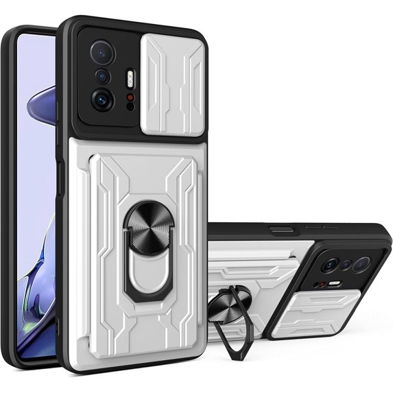 Case for Xiaomi 11T Pro with Card Holder, Heavy Duty Protection Phone Case with Magnetic Ring Kickstand Slide Camera Cover for Mi 11T/11T Pro LJK White