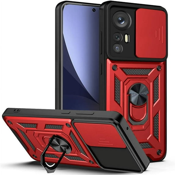 Case for Xiaomi 12 with Slide Camera Cover,Military Grade Heavy Duty Protection Phone Case Cover with Magnetic Ring Kickstand for Xiaomi 12X/MI 12 SJ Red