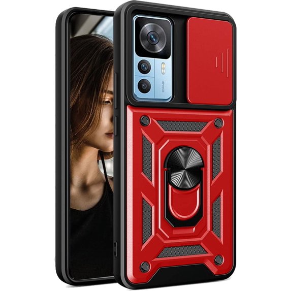 Case for Xiaomi 12T with Slide Camera Cover, Redmi K50 Ultra Case, Military Grade Drop Protective Phone Cover Case with Ring Kickstand for Xiaomi 12T Pro/12T SJ Red