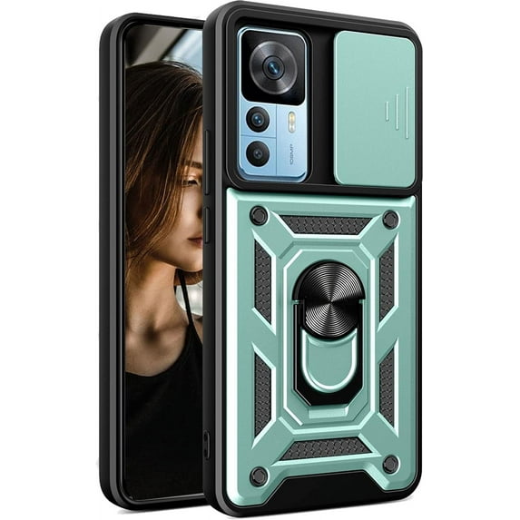 Case for Xiaomi 12T with Slide Camera Cover, Redmi K50 Ultra Case, Military Grade Drop Protective Phone Cover Case with Ring Kickstand for Xiaomi 12T Pro/12T SJ Green