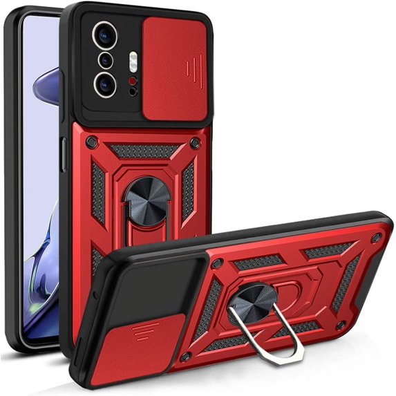Case for Xiaomi Mi 11T with Slide Camera Cover,Military Grade Heavy Duty Protection Phone Case Cover with Magnetic Ring Kickstand for Xiaomi Mi 11T Pro/11T 4G SJ Red