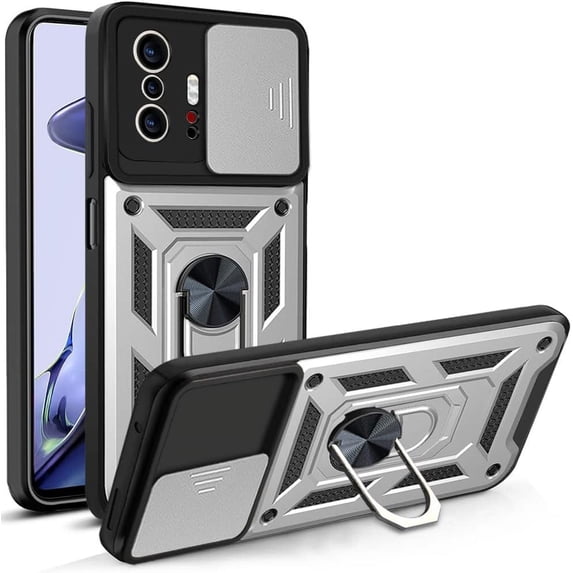 Case for Xiaomi Mi 11T with Slide Camera Cover,Military Grade Heavy Duty Protection Phone Case Cover with Magnetic Ring Kickstand for Xiaomi Mi 11T Pro/11T 4G SJ Silver