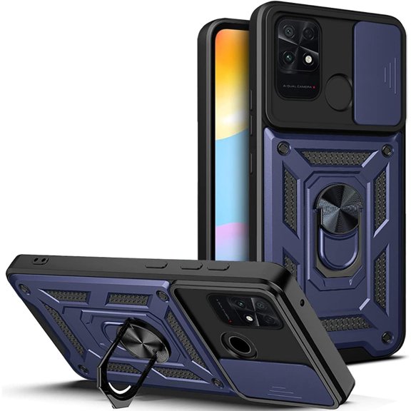 Case for Xiaomi Poco C40 with Slide Camera Cover, Military Grade Drop Protective Phone Cover Case with Ring Kickstand for Xiaomi Poco C40/Redmi 10 Power SJ Blue