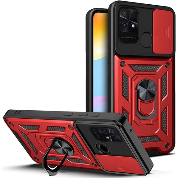 Case for Xiaomi Poco C40 with Slide Camera Cover, Military Grade Drop Protective Phone Cover Case with Ring Kickstand for Xiaomi Poco C40/Redmi 10 Power SJ Red