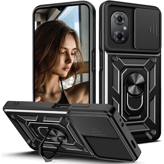 Case for Xiaomi Poco M4 5G with Slide Camera Cover, Redmi 11 Prime 4G Case, Military Grade Drop Protective Phone Cover Case with Ring Kickstand for Xiaomi Poco M5 4G/Poco M4 5G SJ Black