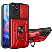 Case for Xiaomi Poco X4 Pro 5G with Card Holder, Heavy Duty Protection Phone Case with Magnetic Ring Kickstand Slide Camera Cover for Xiaomi Poco X4 Pro 5G LJK Red