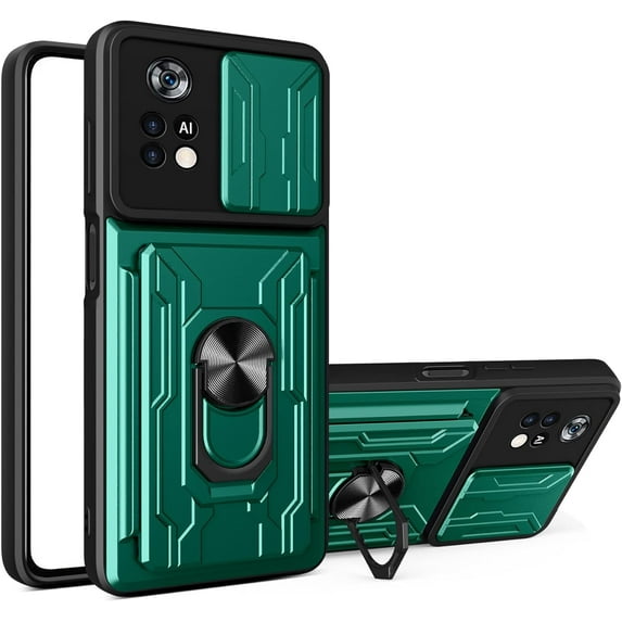 Case for Xiaomi Poco X4 Pro 5G with Card Holder, Heavy Duty Protection Phone Case with Magnetic Ring Kickstand Slide Camera Cover for Xiaomi Poco X4 Pro 5G LJK Green