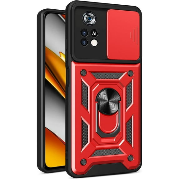 Case for Xiaomi Poco X4 Pro 5G with Slide Camera Cover, Heavy Duty Military Grade Protection Phone Case Built-in 360° Rotate Ring Stand for Xiaomi Poco X4 Pro 5G SJ Red