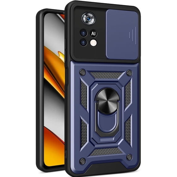 Case for Xiaomi Poco X4 Pro 5G with Slide Camera Cover, Heavy Duty Military Grade Protection Phone Case Built-in 360° Rotate Ring Stand for Xiaomi Poco X4 Pro 5G SJ Blue