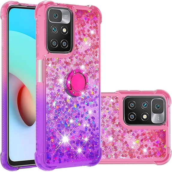 Case for Xiaomi Redmi 10 with Magnetic Ring Kickstand, Gradient Quicksand Glitter Flowing Liquid Floating Women Girls Cute Phone Case Clear TPU Cover for Xiaomi Redmi 10 JB Pink Mauve