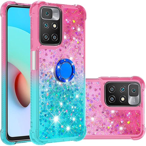 Case for Xiaomi Redmi 10 with Magnetic Ring Kickstand, Gradient Quicksand Glitter Flowing Liquid Floating Women Girls Cute Phone Case Clear TPU Cover for Xiaomi Redmi 10 JB Powder Blue