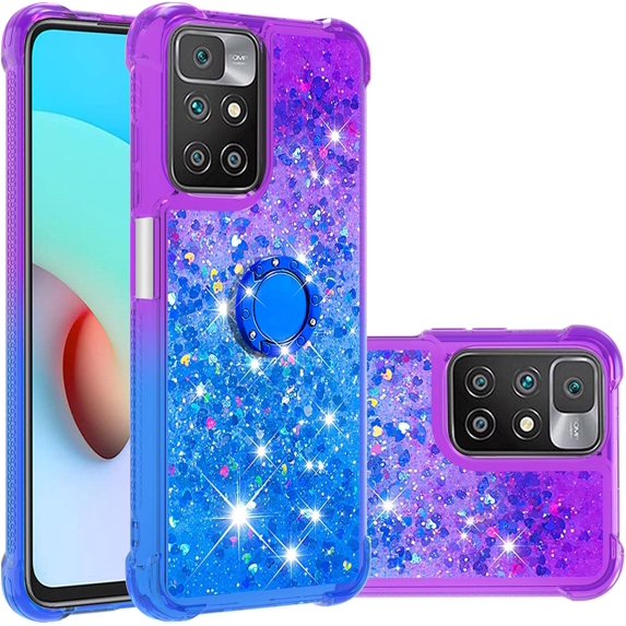 Case for Xiaomi Redmi 10 with Magnetic Ring Kickstand, Gradient Quicksand Glitter Flowing Liquid Floating Women Girls Cute Phone Case Clear TPU Cover for Xiaomi Redmi 10 JB Purple Navy