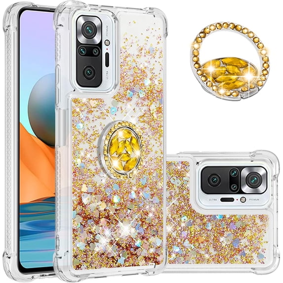 Case for Xiaomi Redmi Note 10 Pro/Note 10 Pro Max with Creativity Clear Quicksand Glitter Flowing Floating Soft w/Stand Bling Diamond Sparkle Phone Cover for Redmi Note 10 Pro Golden