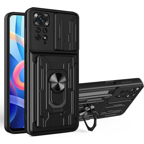 Case for Xiaomi Redmi Note 11 4G with Card Holder, Heavy Duty Protection Phone Case with Magnetic Ring Kickstand Slide Camera Cover for Xiaomi Redmi Note 11 4G/Note 11S 4G LJK Black