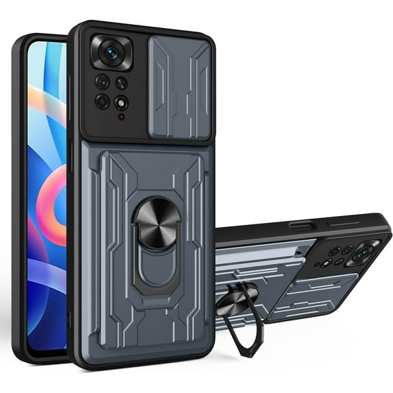 Case for Xiaomi Redmi Note 11 4G with Card Holder, Heavy Duty Protection Phone Case with Magnetic Ring Kickstand Slide Camera Cover for Xiaomi Redmi Note 11 4G/Note 11S 4G LJK Gray