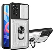 Case for Xiaomi Redmi Note 11 4G with Card Holder, Heavy Duty Protection Phone Case with Magnetic Ring Kickstand Slide Camera Cover for Xiaomi Redmi Note 11 4G/Note 11S 4G LJK White