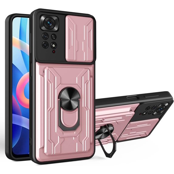 Case for Xiaomi Redmi Note 11 4G with Card Holder, Heavy Duty Protection Phone Case with Magnetic Ring Kickstand Slide Camera Cover for Xiaomi Redmi Note 11 4G/Note 11S 4G LJK Rose Gold