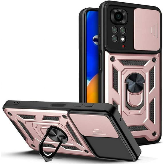 Case for Xiaomi Redmi Note 11 4G (Not 5G) with Slide Camera Cover, Heavy Duty Military Grade Protection Phone Case with Ring Stand for Xiaomi Redmi Note 11 4G/Redmi Note 11S SJ Rose Gold
